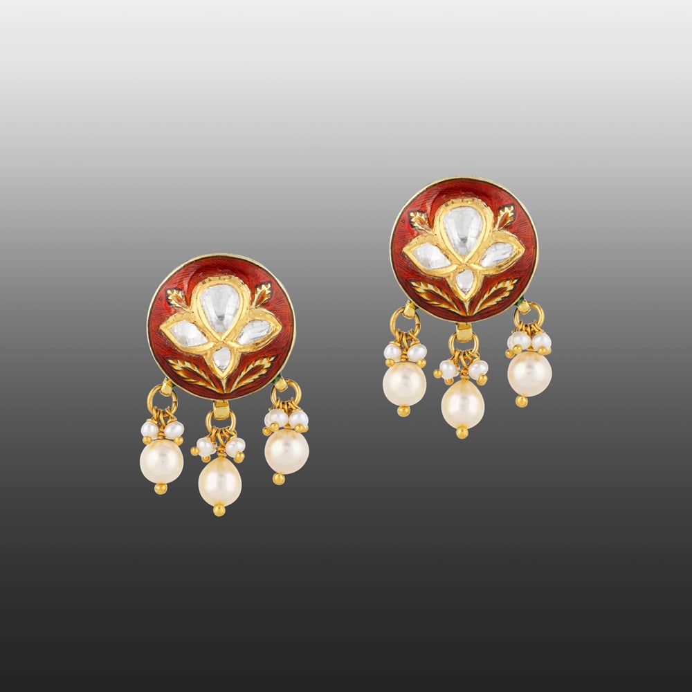 Round Polki Earrings with Red Enamel and Pearl Clusters